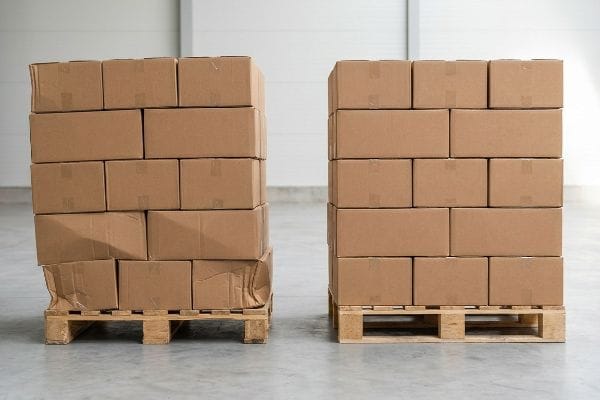 Pallet Overhang Crushing Hazard Brown corrugated boxes on wooden pallets, one stack with crushed lower boxes from BCT failure, the other stable.