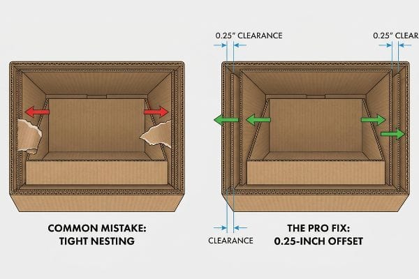 Box Nesting Offset Clearance Corrugated boxes show Common Mistake: Tight Nesting with tearing, contrasting The Pro Fix: 0.25-Inch Offset with 0.25-inch clearance.