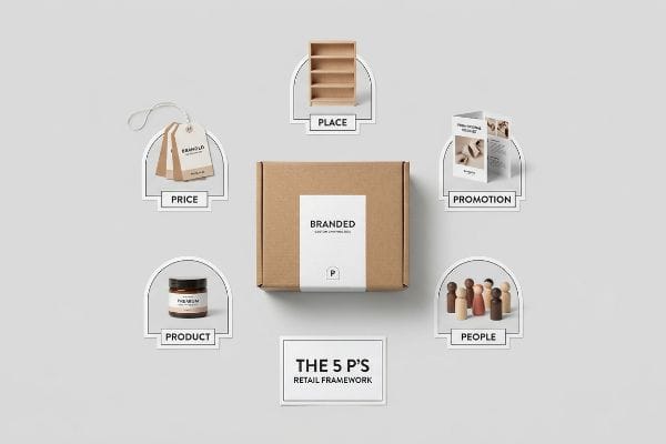 The 5 P's Retail A 'Branded Custom Everything Box' at the center, surrounded by elements of The 5 P's Retail Framework: Price tags, a wooden bookshelf, a 'Fresh Organic Cookies' brochure, wooden peg dolls, and a 'Premium' product jar.