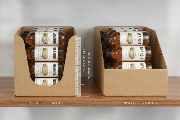 Cardboard PDQ tray showcasing Brandia bottles with an Optimized Visibility front lip and a ruler indicating 85% Visibility Rule.