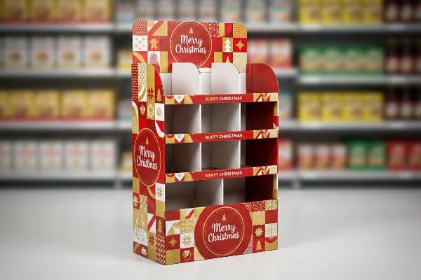 Retail aisle features a festive red and gold corrugated POP display with 'Merry Christmas' and 'Burfy Christmas' branding on empty shelves.