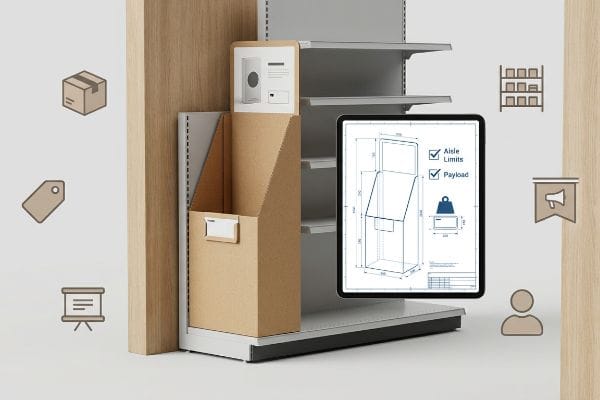 Brown corrugated floor merchandiser beside retail shelving, with a tablet displaying a CAD blueprint highlighting Aisle Limits and Payload for compliance.