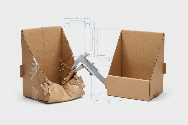 A silver caliper measures a crumpled cardboard countertop display, contrasting with a perfectly formed one, against blue dieline blueprints.