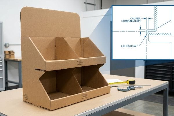 Corrugated cardboard point of purchase display with a technical diagram illustrating Caliper Compensation and a 0.08 Inch Gap.