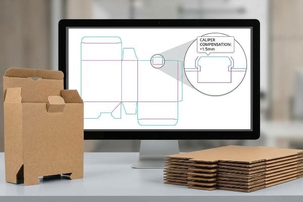 Caliper Compensation Dieline Corrugated box, flat blanks, and screen showing dieline with Caliper Compensation: +1.5mm.