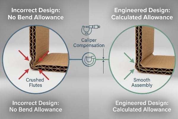 Corrugated Bend Allowance Corrugated cardboard comparison showing an Incorrect Design with Crushed Flutes from No Bend Allowance versus an Engineered Design with Smooth Assembly from Calculated Allowance, enabled by Caliper Compensation.