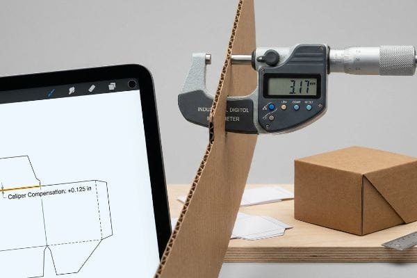 Corrugated cardboard thickness measured at 3.17 mm by an Industrial Digital Micrometer, alongside a tablet showing "Caliper Compensation: +0.125 in".