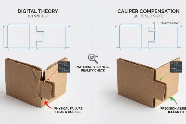 Caliper Compensation Precision Fit Cardboard assembly comparison: Digital Theory's physical failure (tear & buckle) vs. Caliper Compensation's precision fit from widened slot.