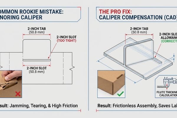 Diagram: 2-inch tab, too-tight slot vs. caliper-compensated slot for frictionless cardboard assembly, flute thickness.