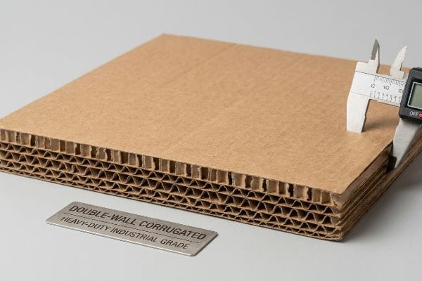 Double-Wall Corrugated Heavy-Duty Industrial Grade board, with its fluted layers and thickness precisely measured by a digital caliper.
