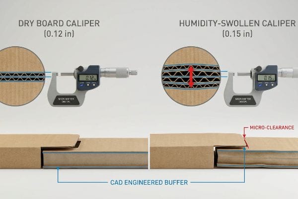 Caliper Swelling Micro-Clearance Micrometer measures Dry Board Caliper at 0.12 inches versus Humidity-Swollen Caliper at 0.15 inches, showing Micro-Clearance in a CAD Engineered Buffer.