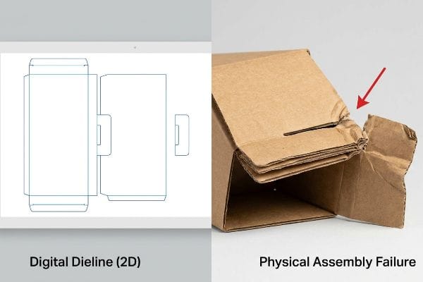 Dieline Assembly Failure A Digital Dieline (2D) contrasted with a Physical Assembly Failure of a corrugated box, showing a torn interlocking tab due to caliper thickness.