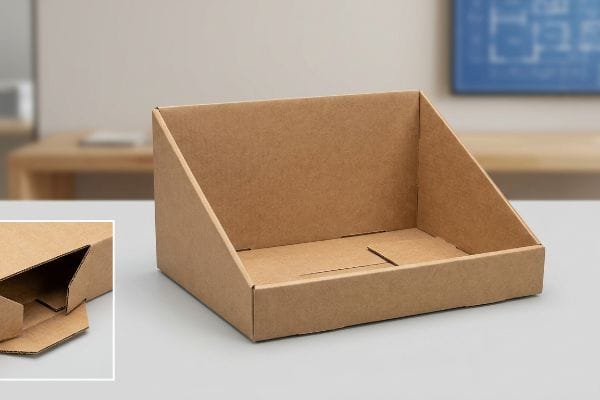 Brown corrugated cardboard PDQ display tray with an auto-bottom mechanism, showcasing its pre-glued, quick-assembly design.