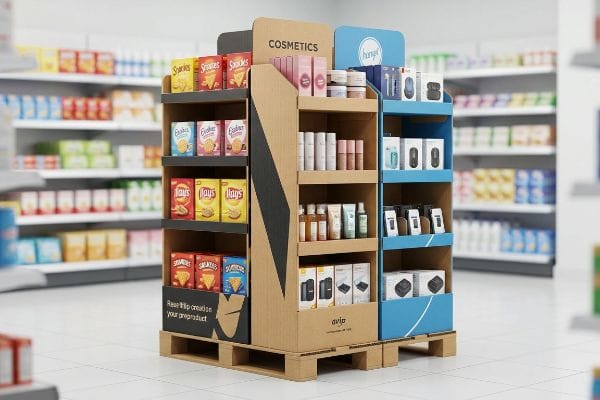 A multi-product point-of-purchase display in a supermarket aisle features snacks, Cosmetics, and electronics from Avip and Hungry! brands.