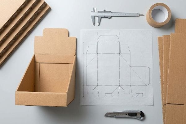 Crafting a retail merchandiser: assembled cardboard display box, technical blueprint, precision caliper, and utility knife.
