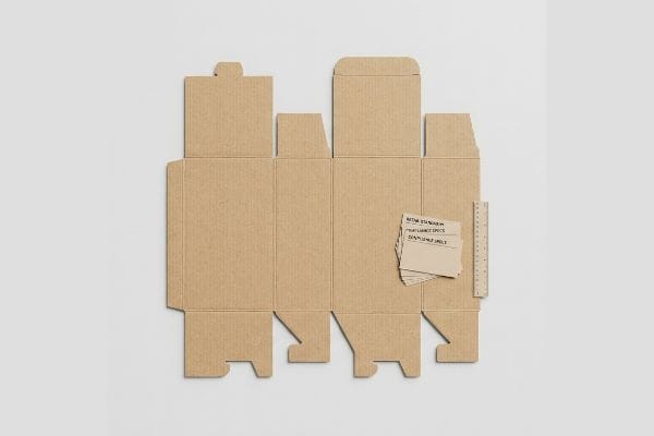 Unfolded corrugated cardboard box template with cards listing Retail Standards and Compliance Specs, next to a ruler.