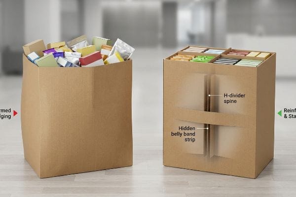 Prévention des gonflements du carton Bac en carton déformé et bombé comparé à une boîte renforcée et stable avec une armature en H et une bande de renfort ventrale cachée.