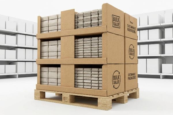 A corrugated cardboard pallet display, stacked with 'Bulk Value' products and 'Sustainable Packaging' boxes, standing in a warehouse aisle.