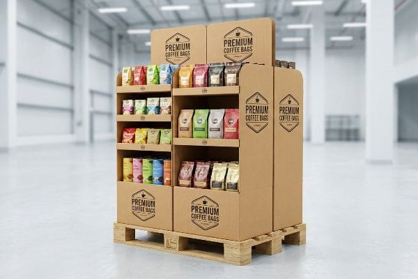 Cardboard Coffee Display Pallet A large cardboard pallet display, stocked with colorful Premium Coffee Bags, stands on a wooden pallet in a spacious warehouse.