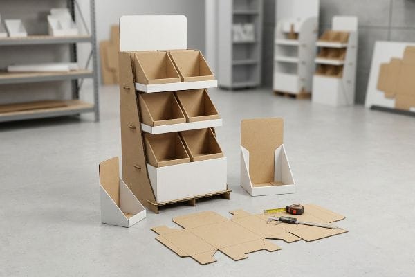 Corrugated cardboard POP displays, including a floor merchandiser, countertop units, and flat dielines with a caliper and tape measure.