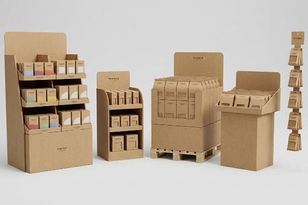 Natural brown kraft corrugated cardboard displays: Brandera pallet merchandiser, Newland floor stand, countertop unit, and hanging clip strip.