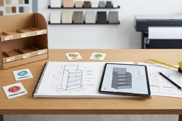 4 Ps Merchandising Design Wooden desk with cardboard display, CAD blueprint, tablet 3D model, and 'Product,' 'Promotion,' 'Price,' 'Place' cards.