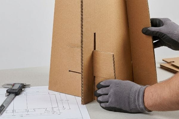 Plan d'assemblage du présentoir en carton Assemblage d'un présentoir en carton ondulé brun, mettant en évidence des languettes d'emboîtement, un pied à coulisse et un plan technique.