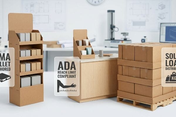 Retail Display Compliance Types Cardboard retail displays illustrating compliance: a multi-shelf floor stand with "GMA Pallet Anchored" overlay, a counter merchandiser with "ADA Reach Limit Compliant" overlay, and a pallet of boxes with "Solid Load Distributed" overlay.