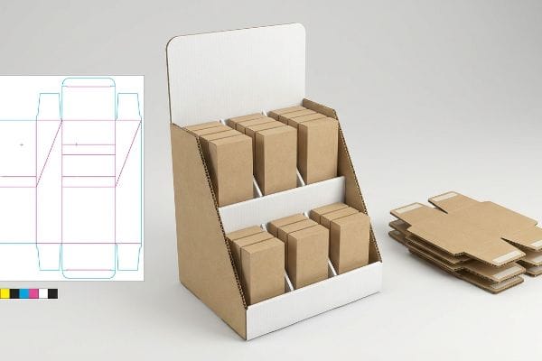 Corrugated PDQ Display Solution Corrugated cardboard PDQ display filled with brown product boxes, alongside a die-line and flat-packed box blanks, illustrating retail packaging solutions.