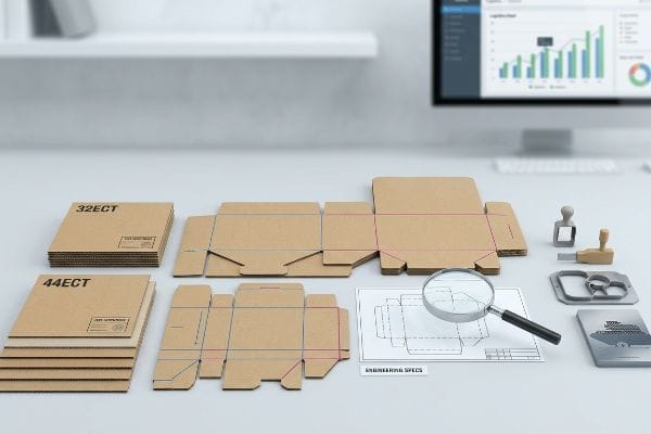 A desk showing 32Ect and 44Ect corrugated cardboard, die-cut box templates, engineering specs, and tooling for custom POP displays.