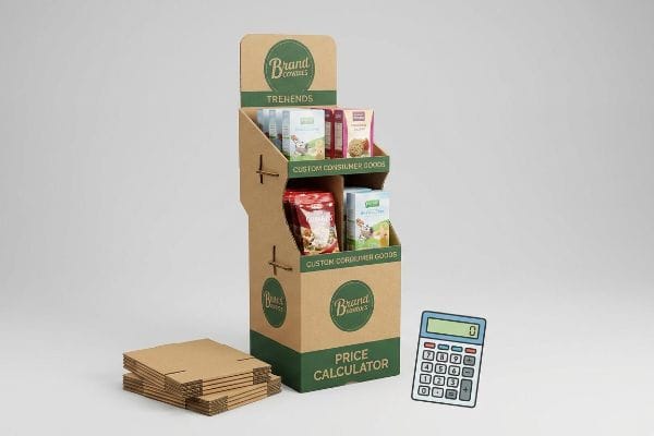 Cardboard POP Display Cost A brown corrugated POP display with products, 'Brand Companies' logo, 'Price Calculator' text, flat-pack components, and a calculator icon.