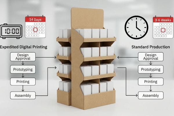 Display Production Timelines Comparing production timelines for a custom cardboard floor display, showing Expedited Digital Printing at 14 Days versus Standard Production at 3-6 Weeks.