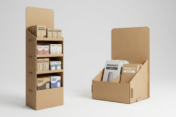 Brown corrugated cardboard floor stand with multi-colored Product Sample boxes and a countertop display holding Product Sample brochures.