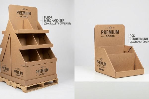 Cardboard Floor Counter Displays Brown corrugated cardboard displays, a Floor Merchandiser (GMA Pallet Compliant) on a pallet and a POS Counter Unit (ADA Reach Compliant), both branded Premium Goods.