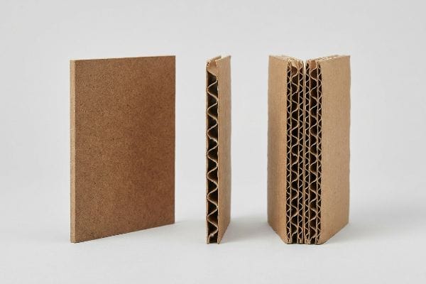 Cardboard Types Comparison Brown solid chipboard, single-wall, and double-wall corrugated boards showcasing unfluted and fluted structures for packaging.