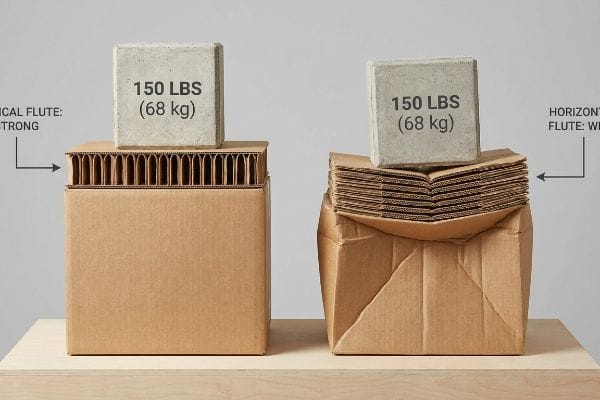 Cardboard boxes comparison: Vertical Flute Strong supports 150 Lbs (68 kg), Horizontal Flute Weak collapses.