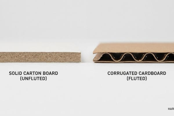 Cardboard Flute Comparison Side-by-side comparison of Solid Carton Board (Unfluted) and Corrugated Cardboard (Fluted), highlighting the distinct internal fluted arches.