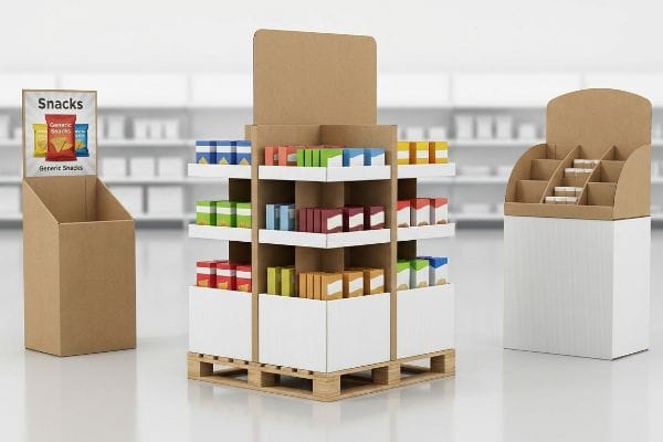 Cardboard POP Displays Brown cardboard point of purchase displays: a multi-tiered fractional pallet merchandiser on a wooden pallet filled with colorful product boxes, an empty floor bin with a 'Snacks' header, and an empty countertop unit.