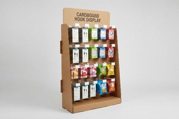 A sturdy Cardboard Hook Display showcases various blister-packed mobile accessories and small packaged snacks on multiple peg hooks.