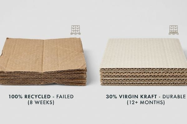 Recycled vs Virgin Kraft 100% Recycled corrugated board, failed in 8 weeks, contrasted with durable 30% Virgin Kraft lasting 12+ months.
