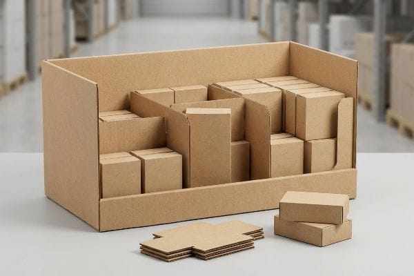 Brown corrugated cardboard retail display box with modular dividers holding small product boxes, alongside unassembled flat cardboard pieces and two small boxes on a table.