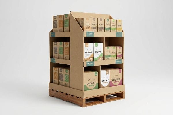 Natural brown kraft cardboard quarter-pallet merchandiser filled with "Organic" branded product boxes on a wooden pallet.