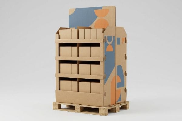 Cardboard Pallet Display Fully loaded cardboard pallet display with abstract blue and orange geometric designs, holding brown boxes on a wooden pallet.
