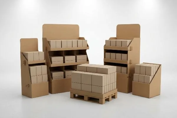 Retail PDQ displays: cardboard floor merchandisers, pallet build, and sidekick tray filled with brown boxes.