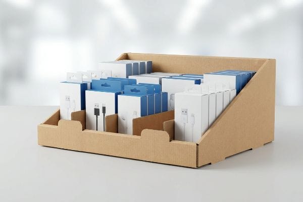 Un présentoir de vente au détail met en scène un plateau PDQ en carton ondulé brun rempli de boîtes de produits blanches, certaines avec des accents bleus, montrant des câbles USB.