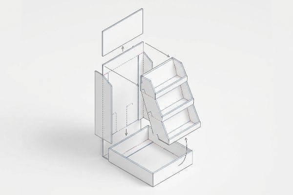 Assemblage de terminaux de paiement pour la vente au détail Les détails d'assemblage d'un présentoir PDQ en carton blanc sont présentés dans une vue isométrique éclatée, montrant une étagère à trois niveaux, un bandeau et une base aux contours bleus.