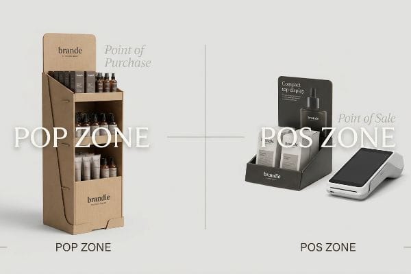 POP vs POS Displays Retail merchandising zones showing a Brande Point of Purchase (Pop Zone) cardboard display and a Point of Sale (Pos Zone) countertop display with payment terminal.