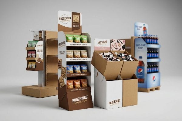 Retail environment with Brockhord snack floor displays, cosmetic dump bins, Sidekick, and Pepsi End-Cap.