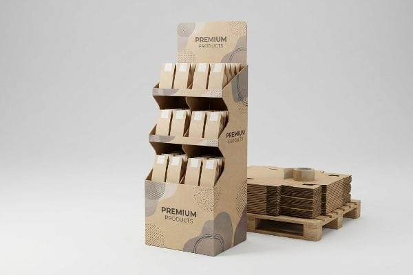 Cardboard POP Display Setup An assembled corrugated cardboard POP display with "Premium Products" branding, holding brown paper bags, next to flat-packed display units on a pallet.