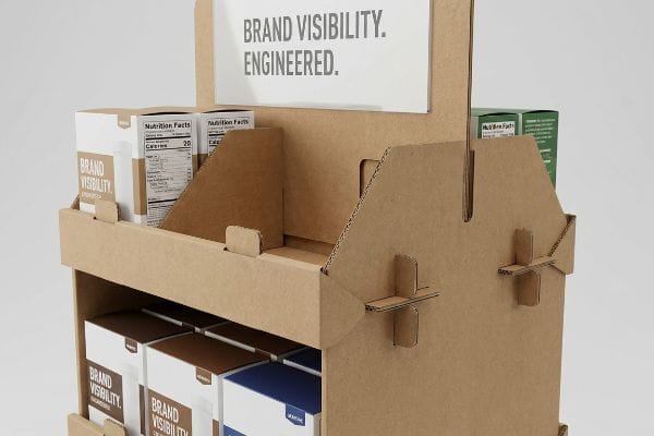 Cardboard POP Display Engineering A sturdy cardboard POP display showcases products with "Brand Visibility. Engineered." signage and "Nutrition Facts" labels, highlighting structural engineering.